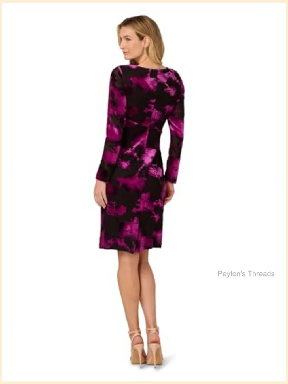 Velvet Midi Dress with V-Neckline and Long Sleeves - Picture 2 of 5